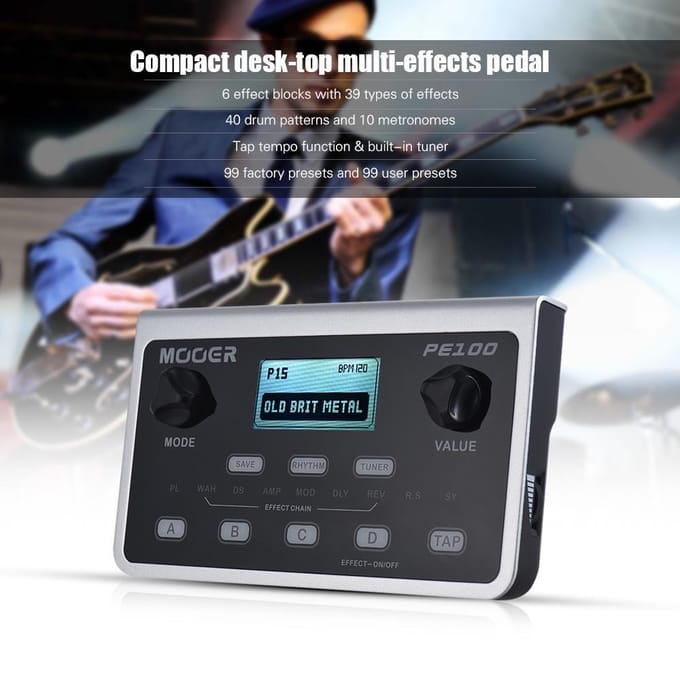 MOOER PE100 Draagbare multi-effectprocessor Gitaareffectpedaal 39 effecten 40 drumpatronen 10 EU Plug