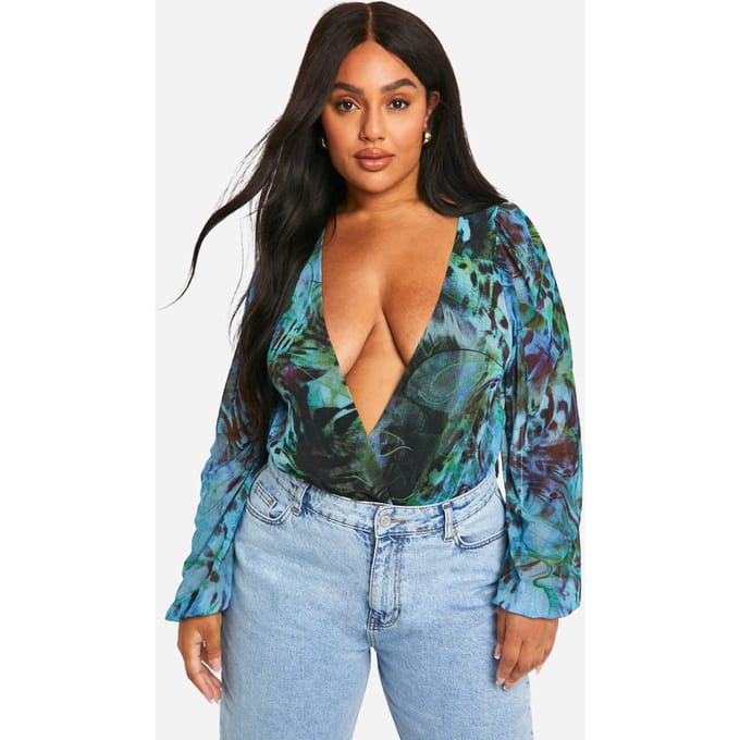 boohoo Dames Plus Animal Wrap Mesh Bodysuit | Zwart | Maat: 54