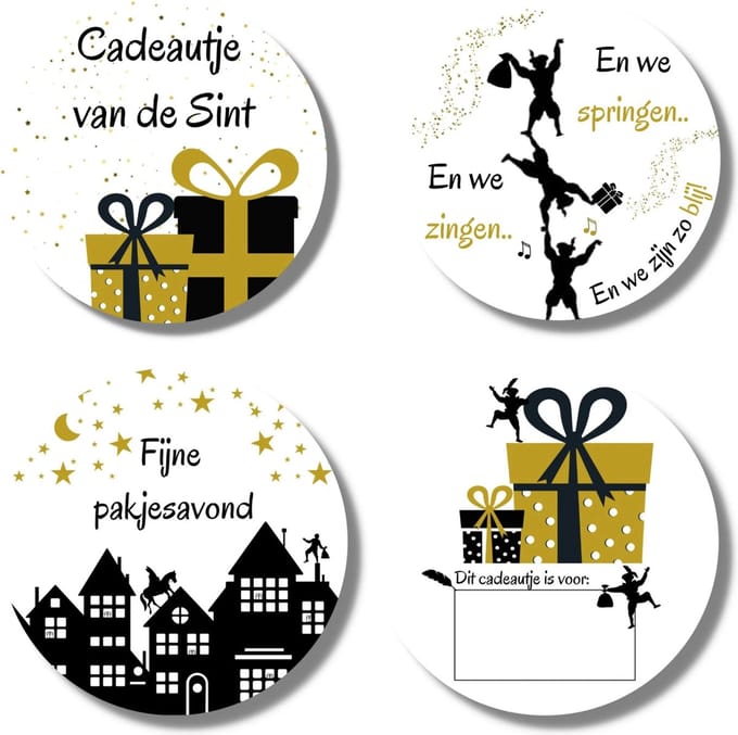 Sinterklaas Cadeaustickers Stickervel - Zwart Goud Wit - 20 stuks - Naam op cadeautjes schrijven - 4 cm