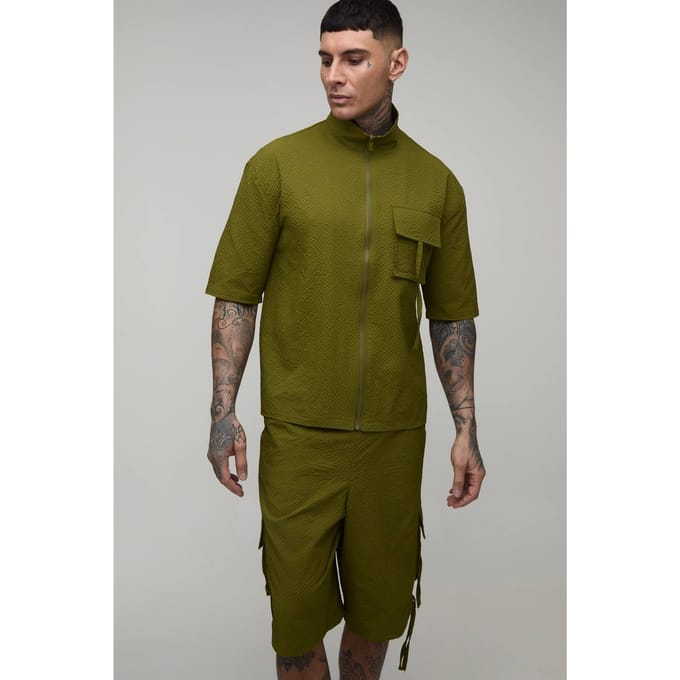 Lang Oversized Shirt Met Col Hals En Gestructureerde Ripstop Cargo Stijl & Lange Short Set | Khaki | Size Medium