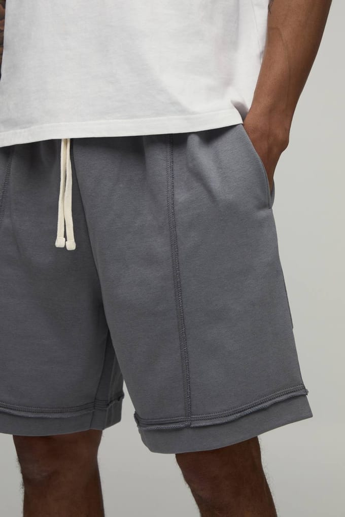 Baggy Drop Crotch Short met Zichtbare Naden en Loopback | Grey | Size XS