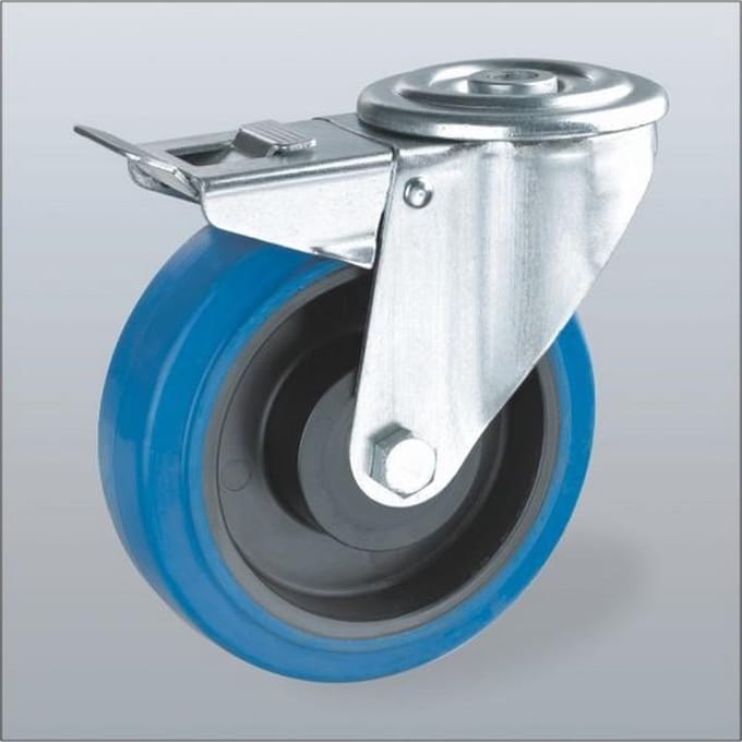 Blauw elastisch rubber zwenkwiel geremd met centraal gat - 100mm - 130kg