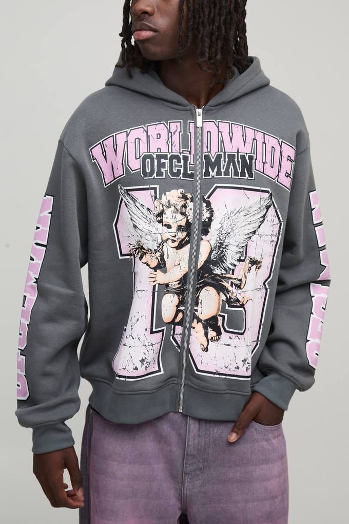 Oversized Boxy Worldwide Varsity Hoodie | Charcoal | Size Medium