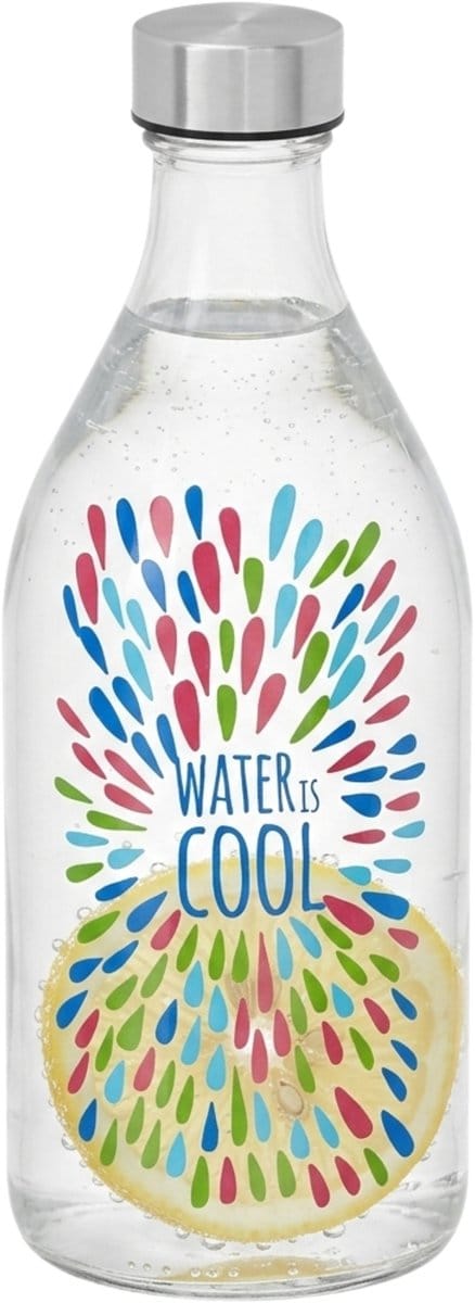 Vivalto Waterfles / drinkfles Summer - glas - transparant - met RVS dop - 1000 ml