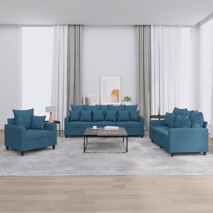 vidaXL - 3-delige - Loungeset - met - kussens - fluweel - blauw