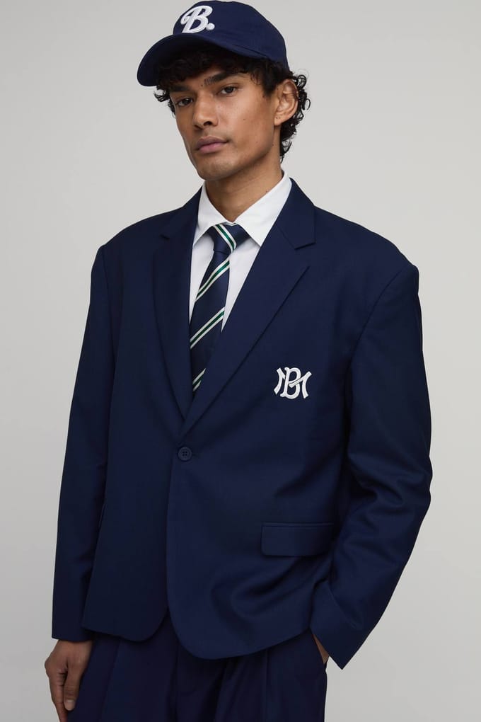 Embroidered Oversized Blazer | Navy | Size 44