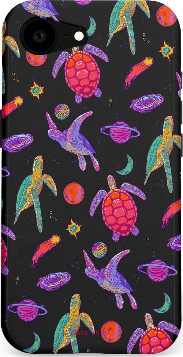 Casetastic hoesje geschikt voor Apple iPhone 16e / Apple iPhone 17e - MagSafe - Dubbellaagse bescherming - Astro schildpad - Fashion Case - Zwart Donkerblauw Lavendel