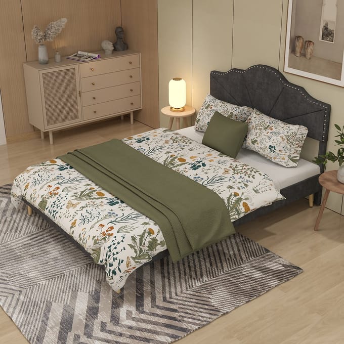 MODFU - Bedframe 160x200 cm – Gestoffeerd met geometrisch design – Grijs