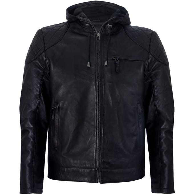 Leren bomber-bikerjack met rits en capuchon