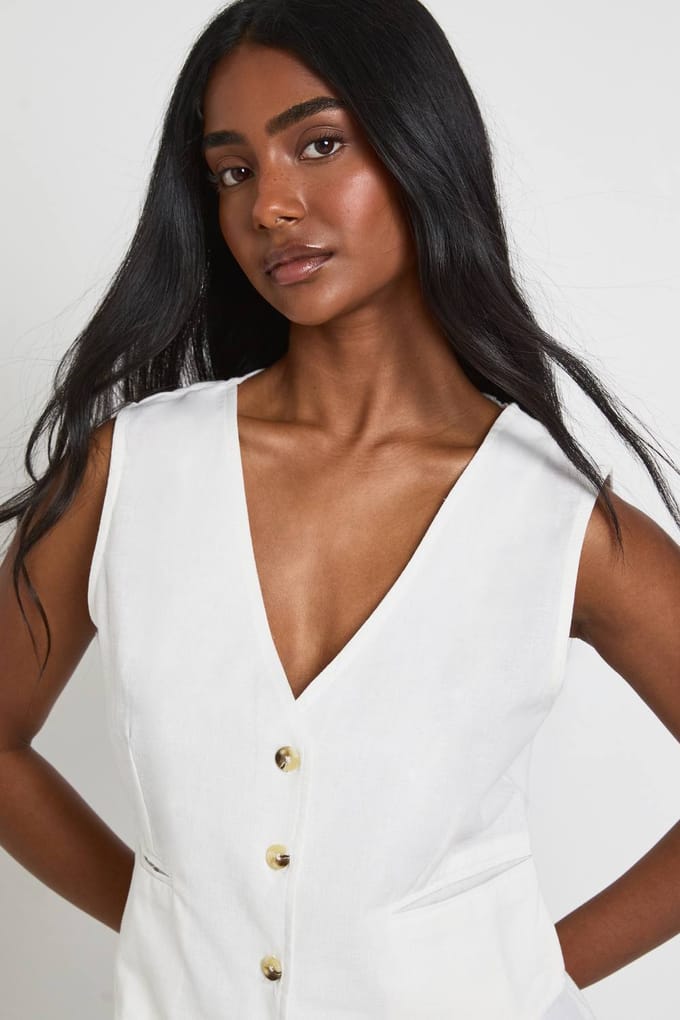 boohoo Dames Gilet Op Maat Met Linnen Look | Natural | Maat: 40