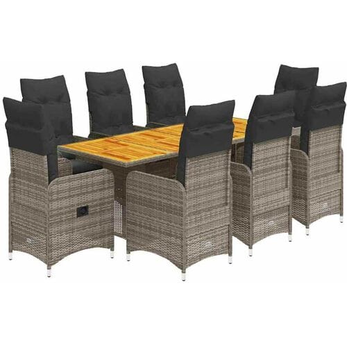 vidaXL - 9-delige - Bistroset - met - kussens - poly - rattan - grijs