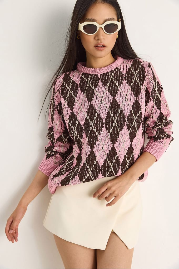 Dames Crewneck Gebreide Trui met Diamantpatroon