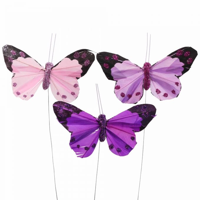 Deco vlinder op draadveer vlinders paars/roze 9,5cm 12st, 12 Stück