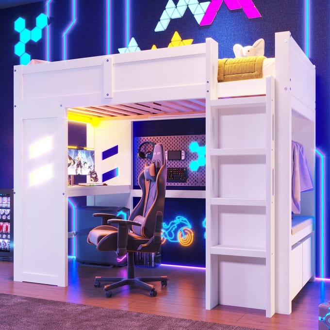 Hoogslaper - 90x200 cm - Gaming Ontwerp Met Bureau - LED en USB-C - Metaal - Wit