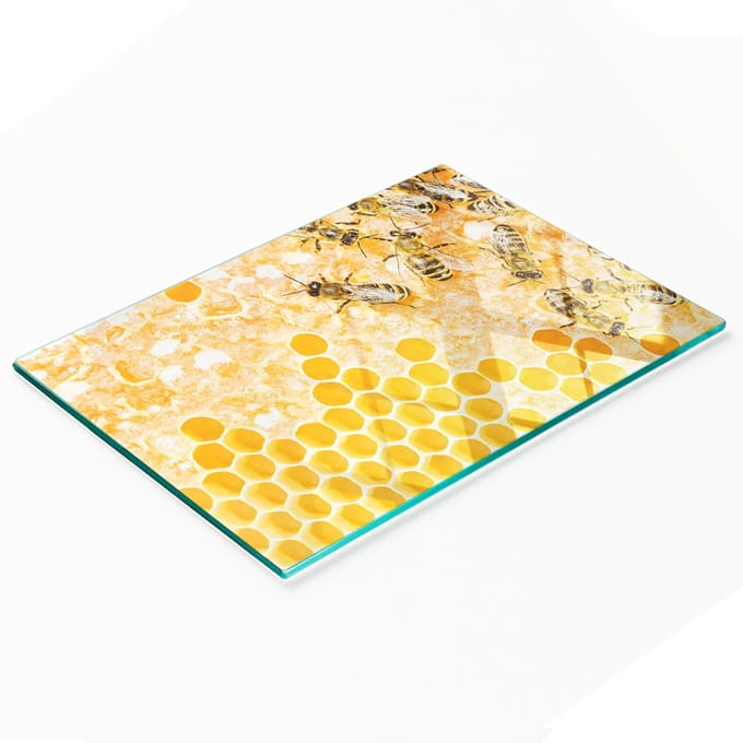 Glazen keukensnijplank met afbeelding van werkbijen, 80x52 cm