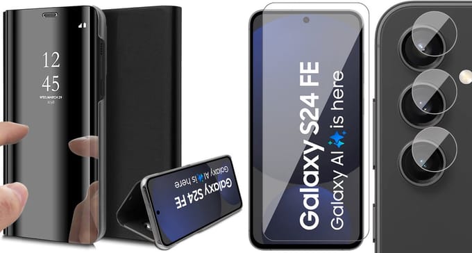 Hoesje geschikt voor Samsung Galaxy S24 FE - Screenprotector Glas & Camera - Spiegel Book Case Zwart