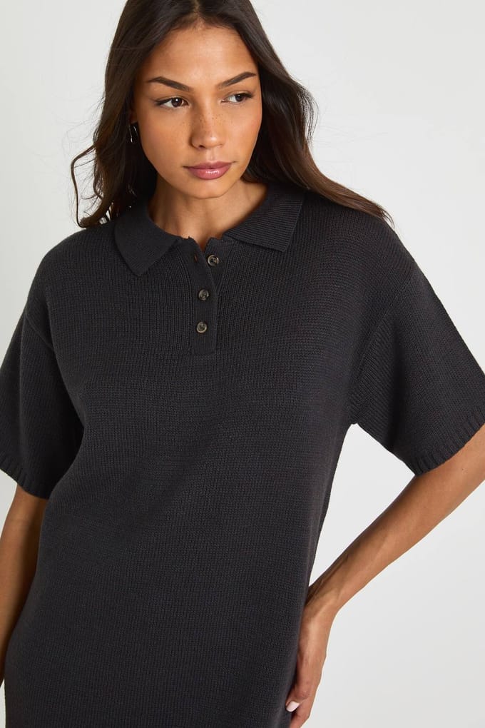 boohoo Dames Lang gesneden oversized gebreide jurk met hoge kraag en knoopsluiting | Houtskool | Maat: Small