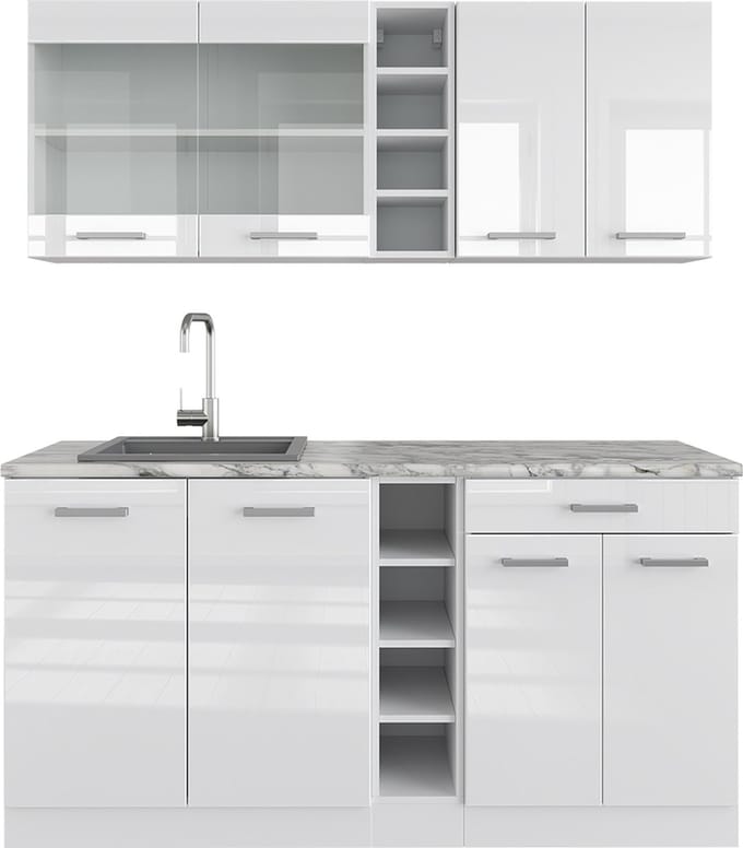 Vicco R-Line Eenpersoonskeuken – 160 cm, WB Marmer Wit hoogglans/wit