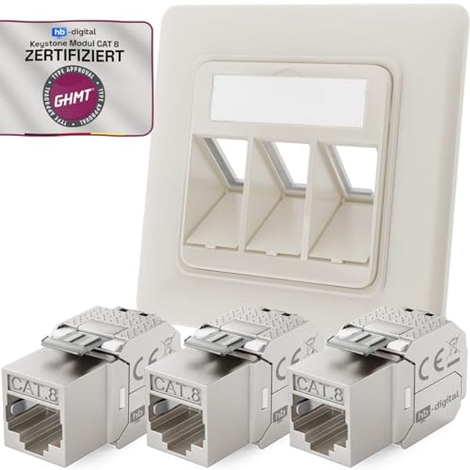 3-poorts CAT 8 netwerkcontactdoos inbouw met Keystone module – tot 40 Gbit/s – zuiver wit