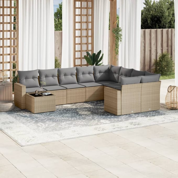 vidaXL - 10-delige - Loungeset - met - kussens - poly - rattan - beige