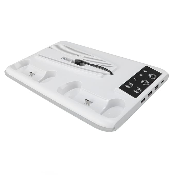 Station de Refroidissement Console Ventilateur RGB Double Chargeur de Manettes Accessoires Universels avec Support Casque blanc