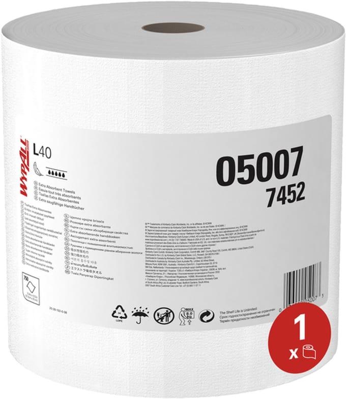 Poetsrol WypAll L40 PowerClean 1-laags 315mmx232m 750 vel wit 7452