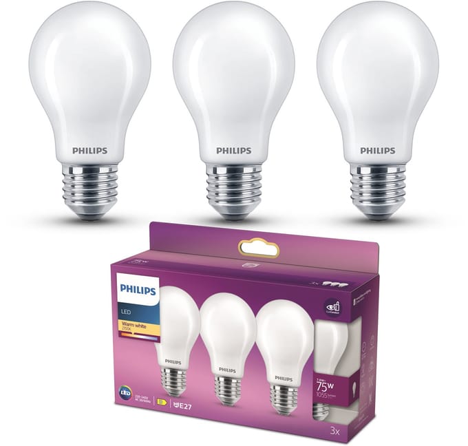Philips LED lamp - Standaard lampvorm met E27 fitting - Warmwit licht: 2700K - 75W - Mat glas - 3-pack