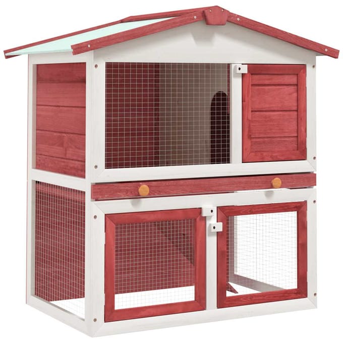 vidaXL - Konijnenhok - voor - buiten - met - 3 - deuren - hout - rood