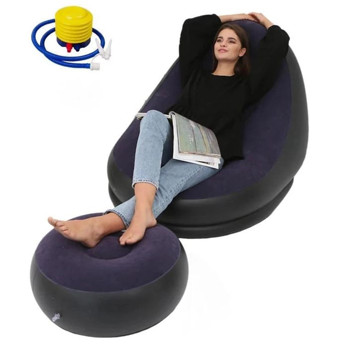1 canapé gonflable marron avec repose-pieds, surface floquée en PVC, chaise de salon pliable, chaise de bureau violet