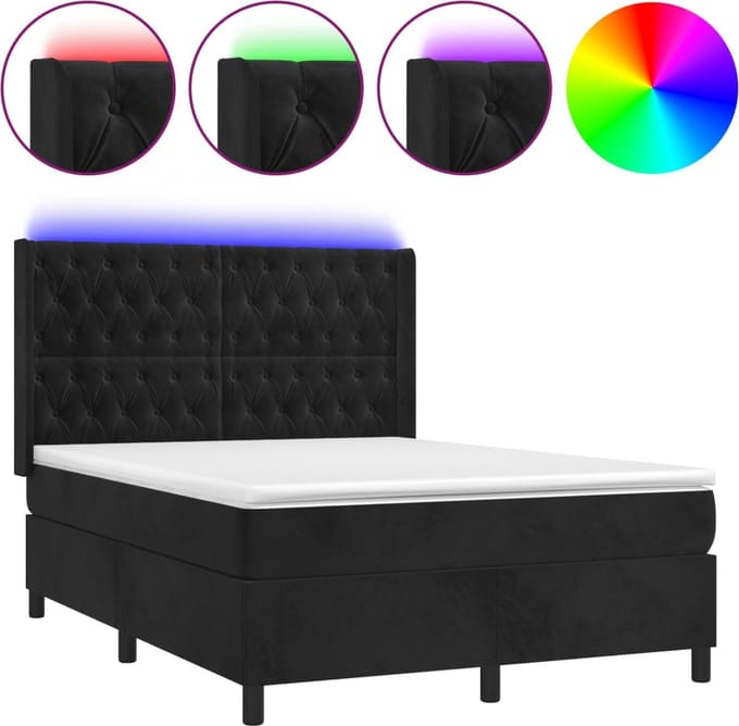 vidaXL - Boxspring - met - matras - en - LED - fluweel - zwart - 140x190 - cm