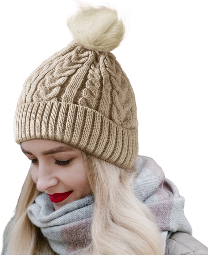 CALIYO Beanie Muts - Wintermuts Dames - Warme Mutsen met Imitatiebont Pompon - Gebreide Skimutsen - Gevoerd Wol - Beige
