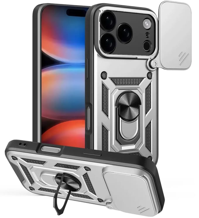 MobyDefend Hoesje - Geschikt voor iPhone 17 Pro Max - Pantsercase Met Draaibare Ring - Zilvergrijs