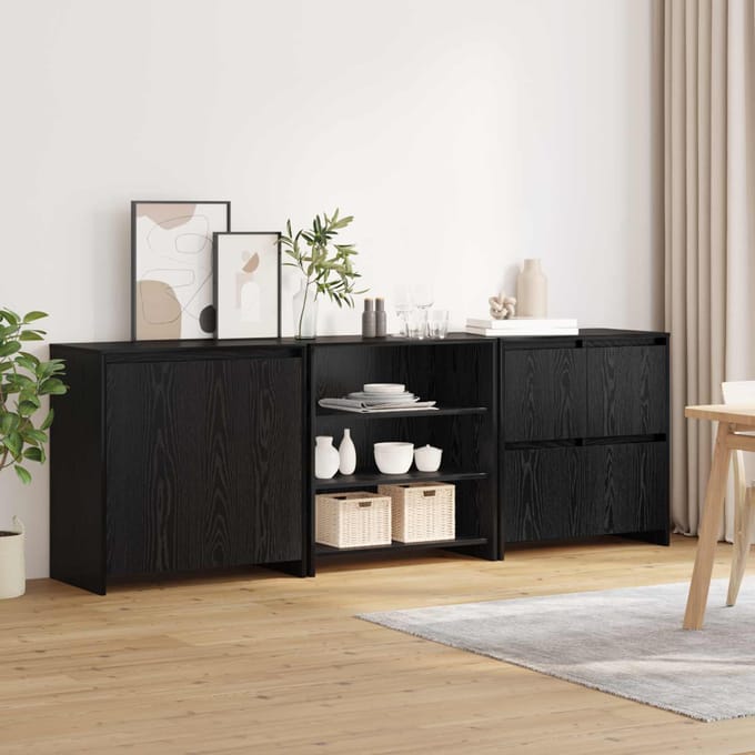 vidaXL - Dressoir - 3 - st - Zwart - Eiken - 70 - x - 41 - x - 75 - cm - Bewerkt - hout