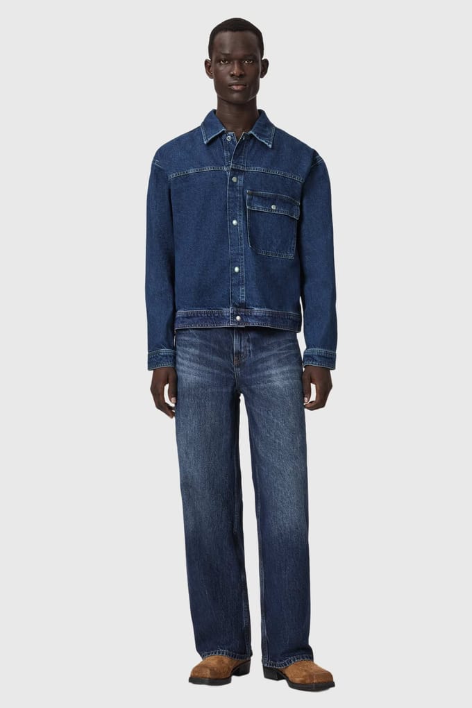 AllSaints Cast Denim Jacket Dark Indigo Maat: M | Spijkerjassen Outlet | Heren | Blauw