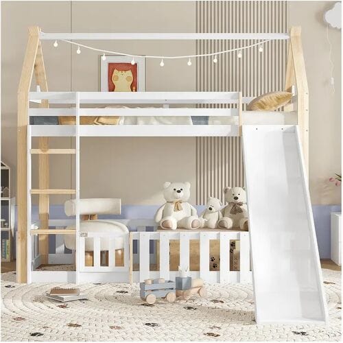 Merax Kinderstapelbed - 90 x 200 cm - met glijbaan + hek + ladder - grenen + MDF - wit