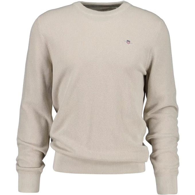 Gant Trui Solid Color Micro Textured Cotton Crew Neck Clay Beige / male