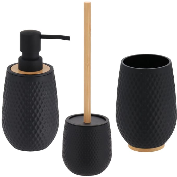 Tendance badkamer accessoires set honeycomb - zwart - rubber/bamboe