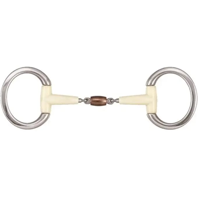 Dubbelgebroken fijn ringelastiek bit voor paarden + koperen roller Soyo Happy mouth "contour"