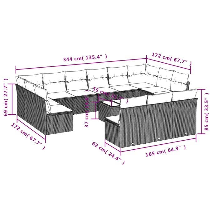 vidaXL - 14-delige - Loungeset - met - kussens - poly - rattan - beige