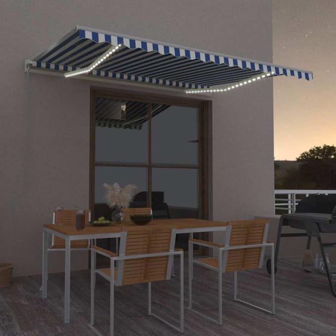 vidaXL - Luifel - automatisch - met - LED - en - windsensor - 450x350 - cm - blauw - wit