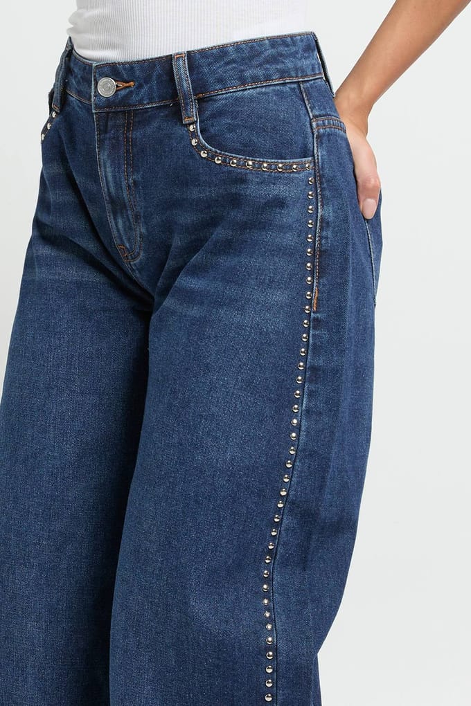 boohoo Dames Studded Mid Waist Barrel Jeans | Indigo | Maat: 36
