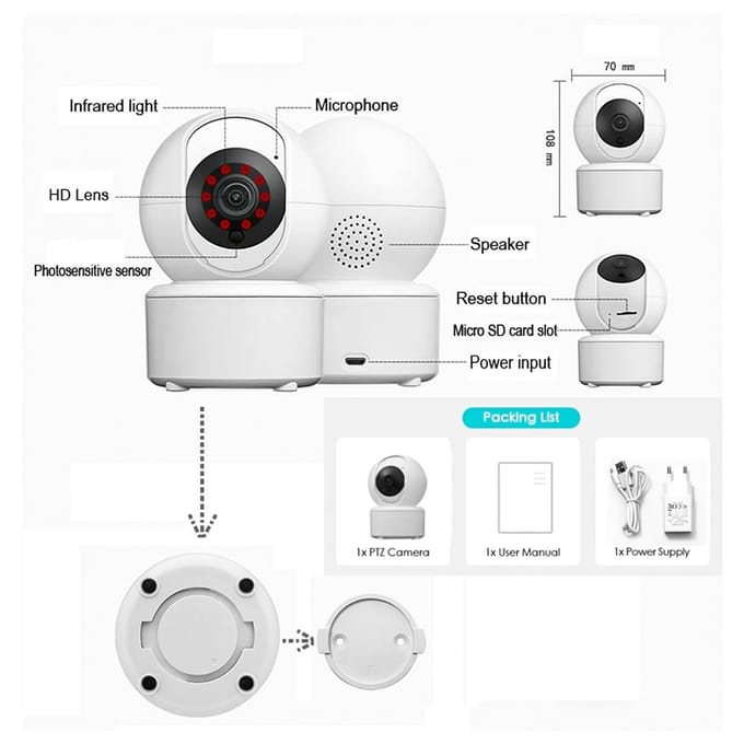 1080P HD Beveiligingscamera 3MP WiFi Camera Pan/Tilt Camera met 355 graden Bewegingsdetectie IR Nachtzicht EU Plug wit