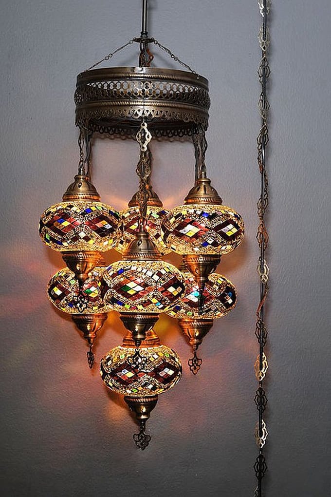 Turkse hanglamp - mozaïek glas bruin - 7 bollen - handgemaakt en uniek