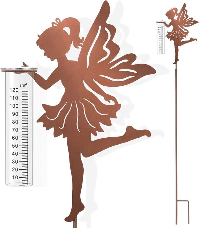 Regenmeter Tuindecoratie - Neerslagmeter Elf - Tuinweer Meten - Stabiele Grondpen - 110 Cm Hoog - Roestbruin