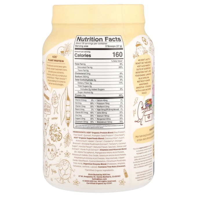 KOS, Poudre de Protéines Végétales Superaliment Bio, Vanille, 2,3 lb (1,036 g)