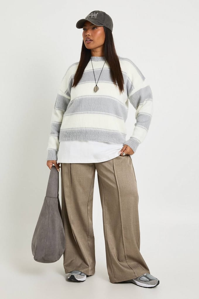 boohoo Dames plus Oversized Marl Gestreepte Trui | Grey | Maat: 16-18