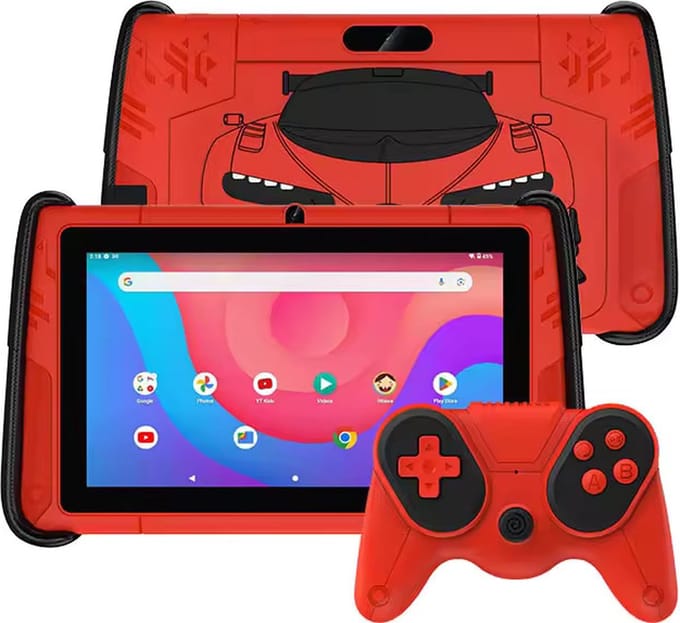 K7 Pro Kindertablet - met 2 draadloze controllers - Ouderlijk toezicht - Android 15 - 64gb - 7inch - vanaf 3 jaar - waterdicht- rood