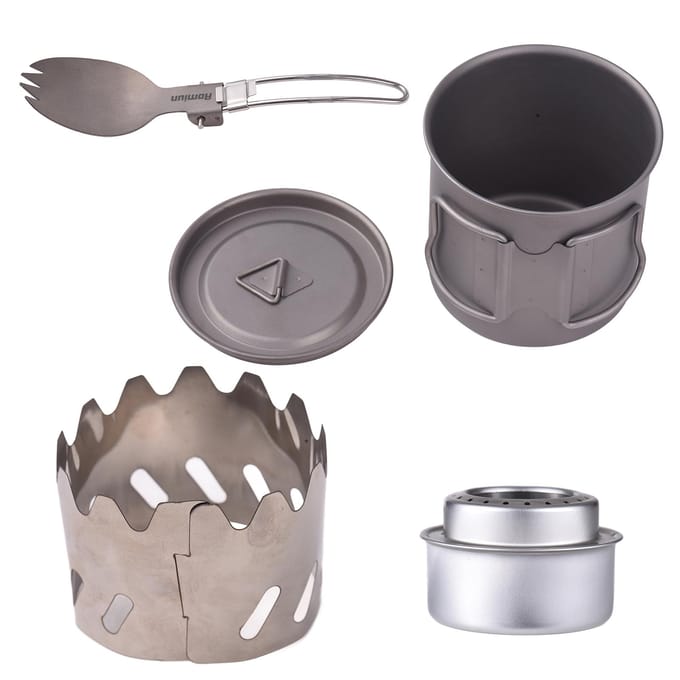 Kampeer kookset Ti 500ml Mok Vork Lepel Alcoholbrander Windscherm Draagbare Kampeer kooksets voor gray