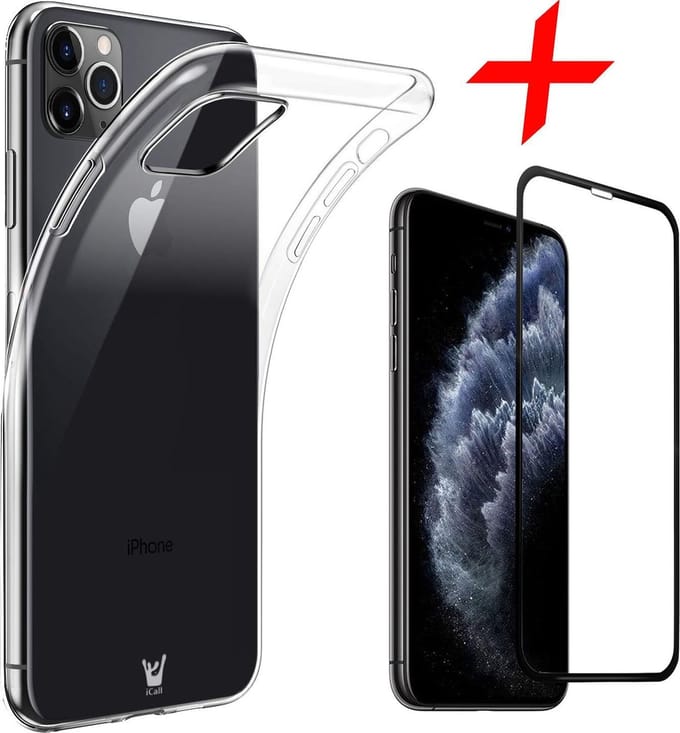 Hoesje geschikt voor iPhone 11 Pro Max - 2x Screen Protector FullGuard - Back Cover Case Transparant & Screenprotector