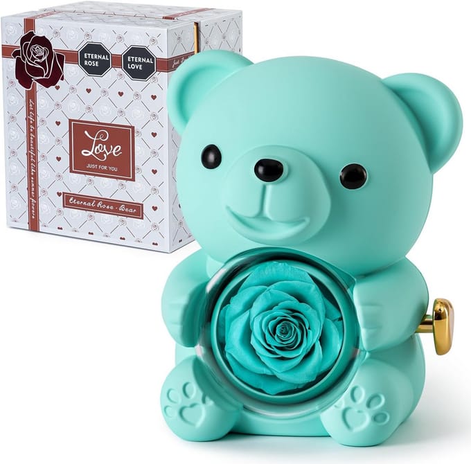 Lichtblauwe Pluche Teddybeer met Geconserveerde Roos en Sieradendoos Cadeau